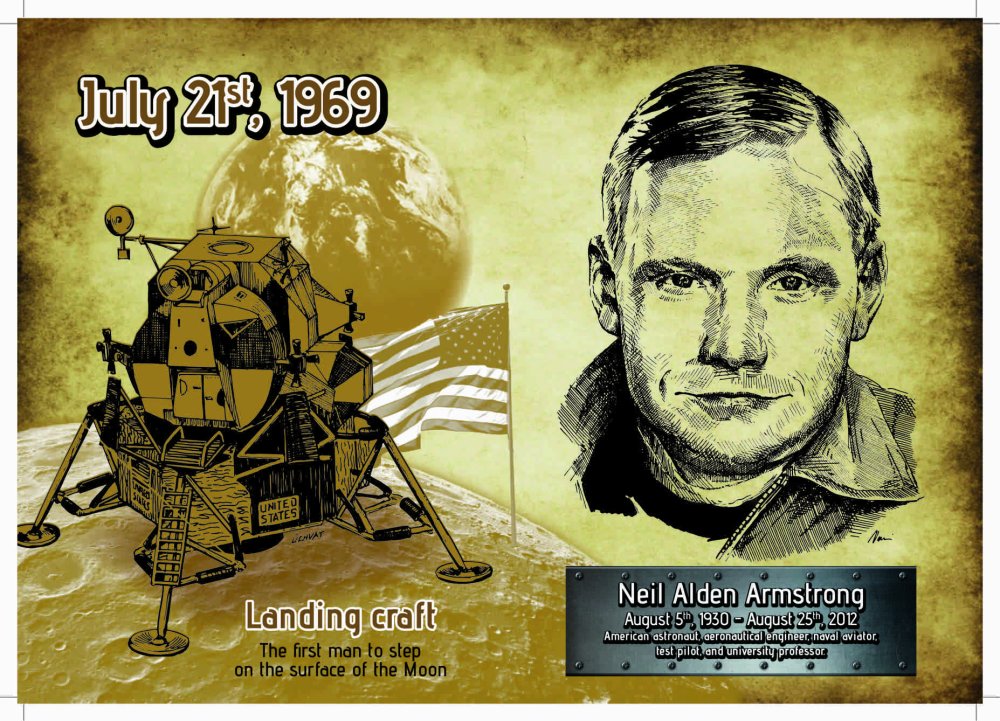 GE 003 Hliníkový poster efektní zlaté barvy - Neil Armstrong