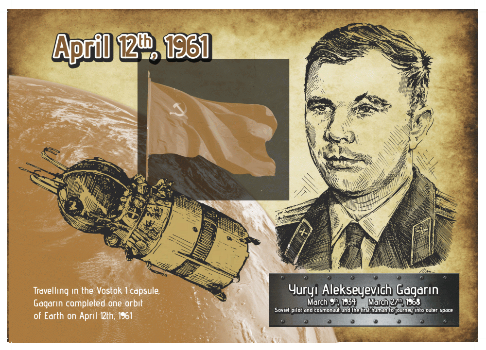 GE 004 Hliníkový poster efektní zlaté barvy - Jurij Gagarin
